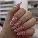 Daiiibabyyy  24Pcs Mid-length French Almond Nails Set Press on Pink Edge Pearl Design Fake Nail Simple Detachable Full Cover False Nails Tips