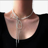 Daiiibabyyy  Beaded Bow Imitation Pearl Strap Necklace Rivets Tassels Round Beads Punk Street Hip-Hop Choker Necklace Design Sense Jewelry