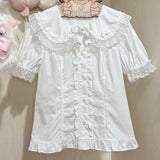 Daiiibabyyy  Costume Sweet Ruffles Blouses Spring Summer Japanese Style Puff Sleeve Women Shirts Retro Sweet Peter Pan Collar Blusas Mujer