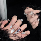 Daiiibabyyy 10pcs Removeable Toffee Brown French Artificial Nails with Cat Eyes Designs Winter Style Almond Press on Nails Long False Nails