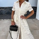 Daiiibabyyy Elegant Lapel Lace-up Long Dress Summer Casual Short Sleeve Solid Shirt Dress Women Fashion Hole Hollow Button Waist Party Dress
