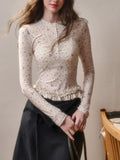Daiiibabyyy  New French Style Double Layered Lace Hem Round Neck Slim Fit Design Printed Top Women Base Outer T-shirt