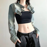 DAIIIBABYYY  -  Y2K Cropped Denim Jacket Women Vintage 90S Sexy Long Sleeve Jeans Coats Summer Gyaru Harajuku Streetwear Design Outerwears