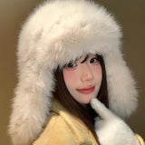 Daiiibabyyy  Winter Warm Plush Snow Ski Cap Russian Hat Women Fluffy Thicken Faux Fur Hats Female Outdoor Windproof Ear Protection Daily Wear