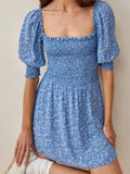 Daiiibabyyy  Retro French Style Blue Floral Print Square Collar Dress Puff Sleeve Elastic Ruched Chest Woman Dresses Holiday Robe Female