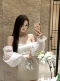 Daiiibabyyy  Sexy Short Shoulder One-Piece Dress Women Slim High Waist Long Sleeve Lantern Sleeve Street Style Pure Color Embroidered Dress