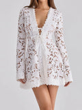 Daiiibabyyy  Lady Fashion Hight Waist Tie-Up Party Dress Elegant Lace Embroidery Hollow Beach Dress V-neck Long Sleeve Sexy White Short Dress