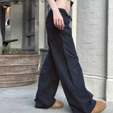 Daiiibabyyy  Women's Streetwear Black Pants Solid Loose Fit Drawstring Waist Trousers Wide Leg Woven Casual Pants Low Waist Cargo Pants