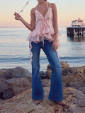 Daiiibabyyy  Y2k Cute Pink Ruffle Chiffon Cami Top Sexy V-neck Vest Tiered Flowy Sleeveless Blouse Summer New Casual Women's Clothing