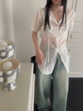 DAIIIBABYYY  -  Sun Protection 2 Piece Sets Women See Through Harajuku Single Breasted Shirt + Streetwear Crop Vest Y2k Aesthetic Outfits Suit