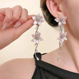 Daiiibabyyy  Fashion Crystal Flower Tassel Drop Earrings for Women Girls Exquisite Zircon Pink Petal Long Earrings Wedding Jewelry Gifts