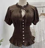 Daiiibabyyy  Hollow Out Solid Y2k V Neck Short Sleeve Single Breasted Lace-up Slim Women Shirt