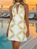 Daiiibabyyy  Women’s White Sleeveless Halter Mini Dress Featuring Yellow Abstract Leaf Motif, Deep V-Cut Neckline, Casual Summer Vacation