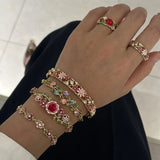 Daiiibabyyy  Elegant Flower Pattern Enamel Open Bracelet for Women Trendy Gold Plated Cloisonne Flowers Bangle Ring Charms Party Jewelry
