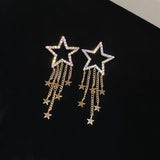 Daiiibabyyy  Gold Electroplated Colored Inlaid Rhinestone Star Tassel Earrings for Women Fashion Atmosphere Drop Earring Trendy Jewelry