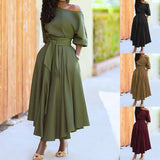 Daiiibabyyy  Women Summer Dress Solid Color Lantern Sleeve Belt Off Shoulder Pleated Mid-calf Vestidos Perfect for Casual Summer Days