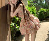 Daiiibabyyy  Vacation Style Floral Oil Painting Mini Slip Dress Female Clothing Hotsweet Summer Fashionable Lace Drawstring Ball Gown Dresses