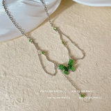 DAIIIBABYYY  -  Y2K Kpop Green Crystal Butterfly Tassel Choker Necklace for Women Korean Fashion INS Fairy Girls Metal Chain Necklace