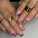 Daiiibabyyy  24PCS Simple Star French Press on False Nails with Glue Retro Leopard Print Patterns Medium Square Wearable Fake Nails for Women