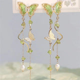 Daiiibabyyy  New Trendy Green Zircon Butterfly Earrings for Women Light Luxury Sweet Long Tassel Earrings Aesthetics Wedding Party Jewelry