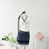 DAIIIBABYYY  -  Hot Girl Suit Women's Summer Turn-down Collar Slim Fit Lace Sleeveless Shirt High Waist Mini Skirt Two-piece Set Female Clothes