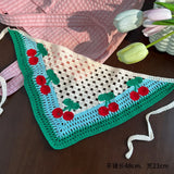 Daiiibabyyy  Women Boho Crochet Head Scarf  Sweet Cherry Triangle Hair Scarves Pastoral Style Headbands For Vacation Spring Hair Accessories