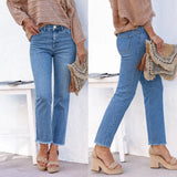 Daiiibabyyy  Women's Cotton Washed Jeans Straight Leg Mid Waist Frayed Hem Denim Pants Slim Fit Raw Hem Solid Color Casual Full Length