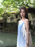DAIIIBABYYY  -  Women's Beach Long Dress Sleeveless Loose Printed Blue White A-line Casual Dresses Korean Style Summer Skirts Preppy Clothes
