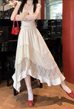 Daiiibabyyy  Irregular Sweet Lace Midi Skirt Women High Waisted Ruffled Pleated Skirt Preppy Style Summer Vacation Beach Tiered Cake Skirt