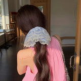 Daiiibabyyy  Girl,s Cute Scrunchies Blue Checkered Lace Double Piece Handkerchief Hair Band Hair Tie Korean Style Hair Tie New Hair Accessory