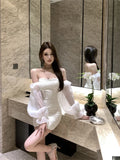 Daiiibabyyy  Sexy Short Shoulder One-Piece Dress Women Slim High Waist Long Sleeve Lantern Sleeve Street Style Pure Color Embroidered Dress