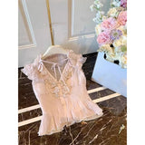 Daiiibabyyy  Kawaii Pink Shirts Women Cutecore Cropped Ruffles Chiffon Blouses Summer Ladies Fashion Korean Lace Up Flying Sleeve Tops