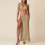 Daiiibabyyy  Fashion Solid Color Slim Bikini Set Lady Summer Backless Beach Vacation Set Sexy V-neck Knitted Hollow Out Vest&Split Skirts Set