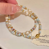 Daiiibabyyy  Double Layered Colored Beaded Simulated-Pearls Bracelet for Women Ladies Vintage Handmade Bead Pendants Chain Party Jewelry Gift
