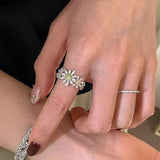 Daiiibabyyy  Shiny Rhinestone Daisy Opening Ring Women's Daily Exquisite Flower Finger Ring Holiday Party Fashion Jewelry