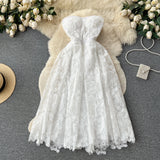 DAIIIBABYYY  -  Hotsweet Strapless Sleeveless Off Shoulder Chic Lace Hook Flower Slim Long Bridesmaid Dress French Elegant High Street Clothing