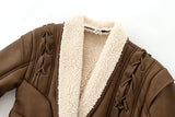 DAIIIBABYYY  -  Vintage Faux Fur Leather Jackets Women Loose Lace Up V-neck Long Sleeve Pocket Belt Coat 2024 Autumn Winter High Street Outwear