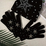 Daiiibabyyy  Autumn Inlaid Diamond Punk Style Gloves Hat Two-piece Set Y2K Subculture Trend Cool Star Elements Cold Hat Fashion Warm Hats