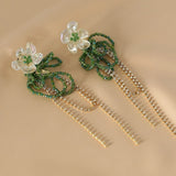 Daiiibabyyy  Sweet Clear Flower Green Crystal Tassel Long Earrings Women's Countryside Style Holiday Temperament Fashion Jewelry