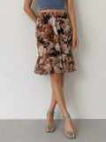 Daiiibabyyy  American Vintage Flower Print Ruffles Gauze Patchwork Low Waist Mid-length Skirts