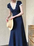 DAIIIBABYYY  -  French Lace Polyester Fiber Patchwork Dress, Summer V-neck, Elegant Polka Dot, Waistband, Slimming Long Skirt