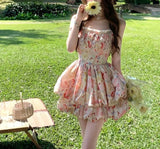 Daiiibabyyy  Vacation Style Floral Oil Painting Mini Slip Dress Female Clothing Hotsweet Summer Fashionable Lace Drawstring Ball Gown Dresses