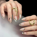 Daiiibabyyy  24pcs Long Almond False Nails Starry Golden Ripple French White Edge Press on Nails Detachable Aurora Strawberry Nail Tips