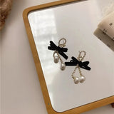 Daiiibabyyy  Black Red Velvet Bowknot Drop Earrings for Women Vintage Rhinestones Imitation Pearl Drop Earrings Jewelry  Dating Party K