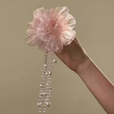 Daiiibabyyy  Elegant Pink Gauze Peony Flower Hair Clip Pearls Side Clip Styling Barrettes Hair Accessories Long Tassel Headwear Girls