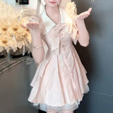 Daiiibabyyy  Striped Print Japanese Sweet Kawaii Pink Women Dress Fashion Cute Bow Y2k Princess Dress Harajuku Chic Lace Korean Clothes
