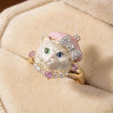 Daiiibabyyy  Cute Simulation Pet Ring Sweet Pink Hat Kitten Dog Ring Fun Animals Lovers Hand Jewelry Accessories for Women Girlfriend Gifts