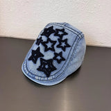 DAIIIBABYYY  -  Japanese Retro Star Literary Duck Bill Forward Hat Spring and Autumn Men's and Women's Outdoor Denim Short Brim Painter Hat