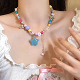 Daiiibabyyy Fashion Y2K Bohemian Beaded Necklaces For Women Sweet Girl Tassel Five-pointed Star Pendant Necklace Clavicle Choker Jewelry