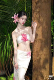 DAIIIBABYYY  -  Thai Holiday Style Suit Women's Summer Pure Sexy Flower Strapless Top Printed Long Skirt Two-piece Set Fashion Female Clothes